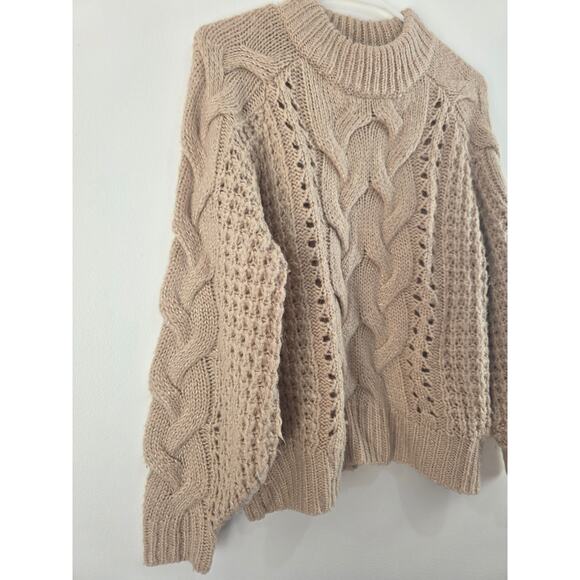 Silverflint Cable Knit Loose Chunky Sweater S Womens Mock Neck Tan Sparkle - Picture 2 of 9